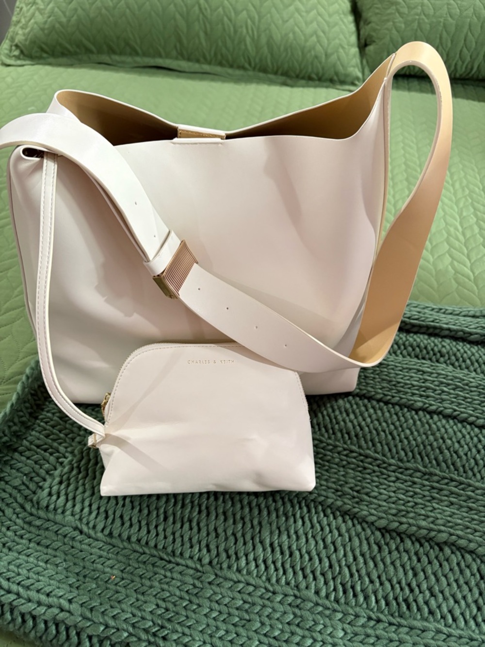 Charles & Keith Cream Shoulder Bag with Matching Pouch
